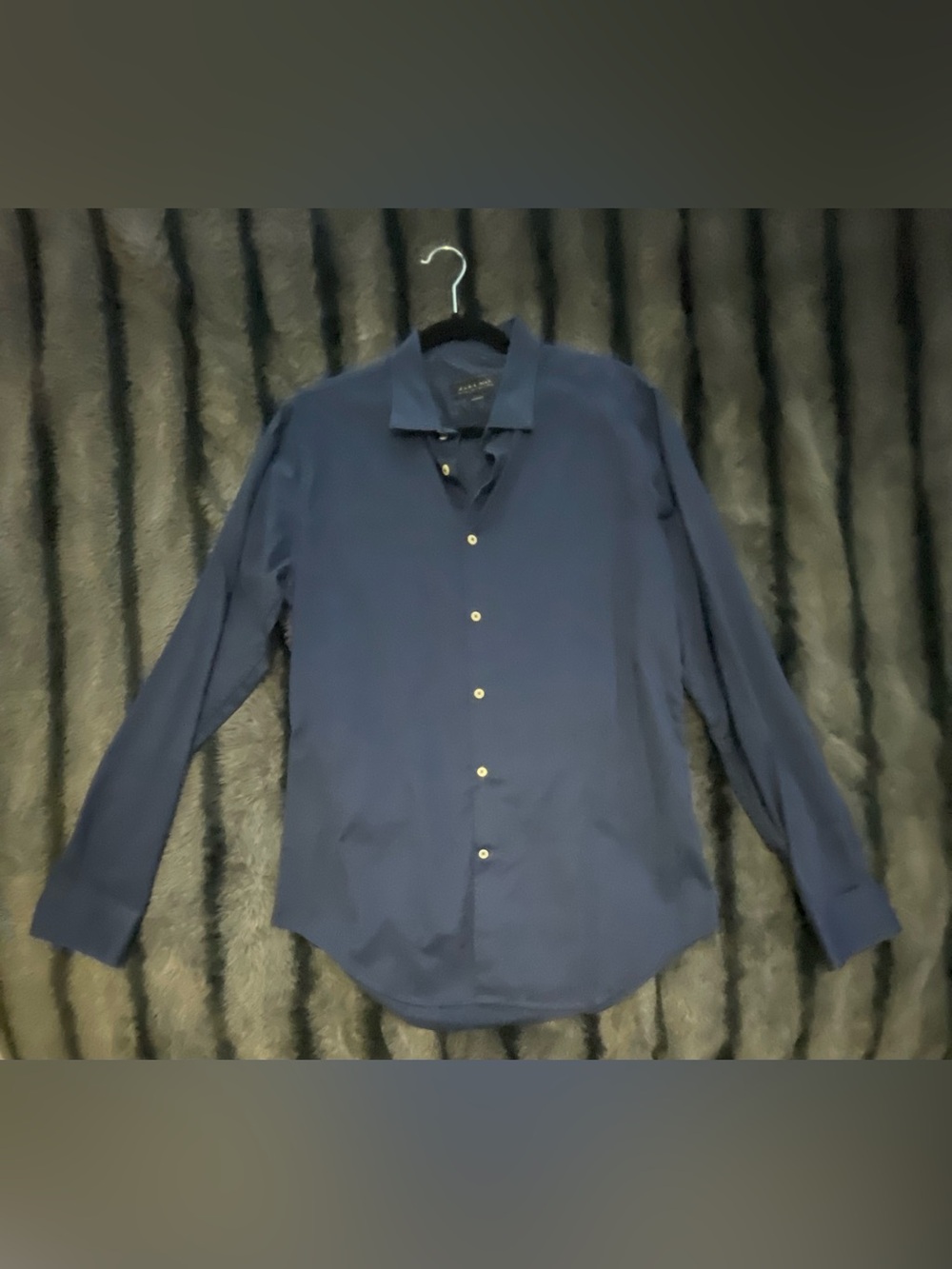 Zara Men's Dark Blue Long-Sleeve Button-Up Shirt